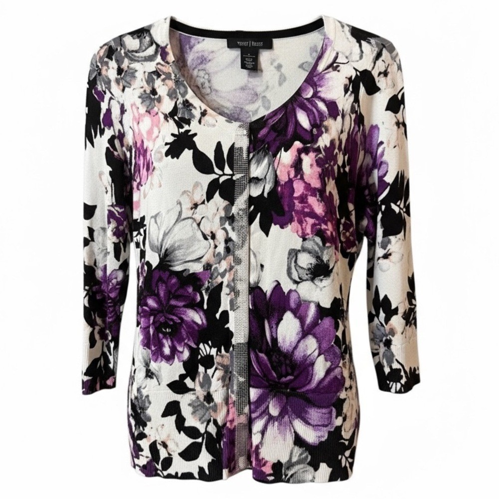 White House Black Market Cardigan S Small Purple Floral Silver Sparkle‎ Snap